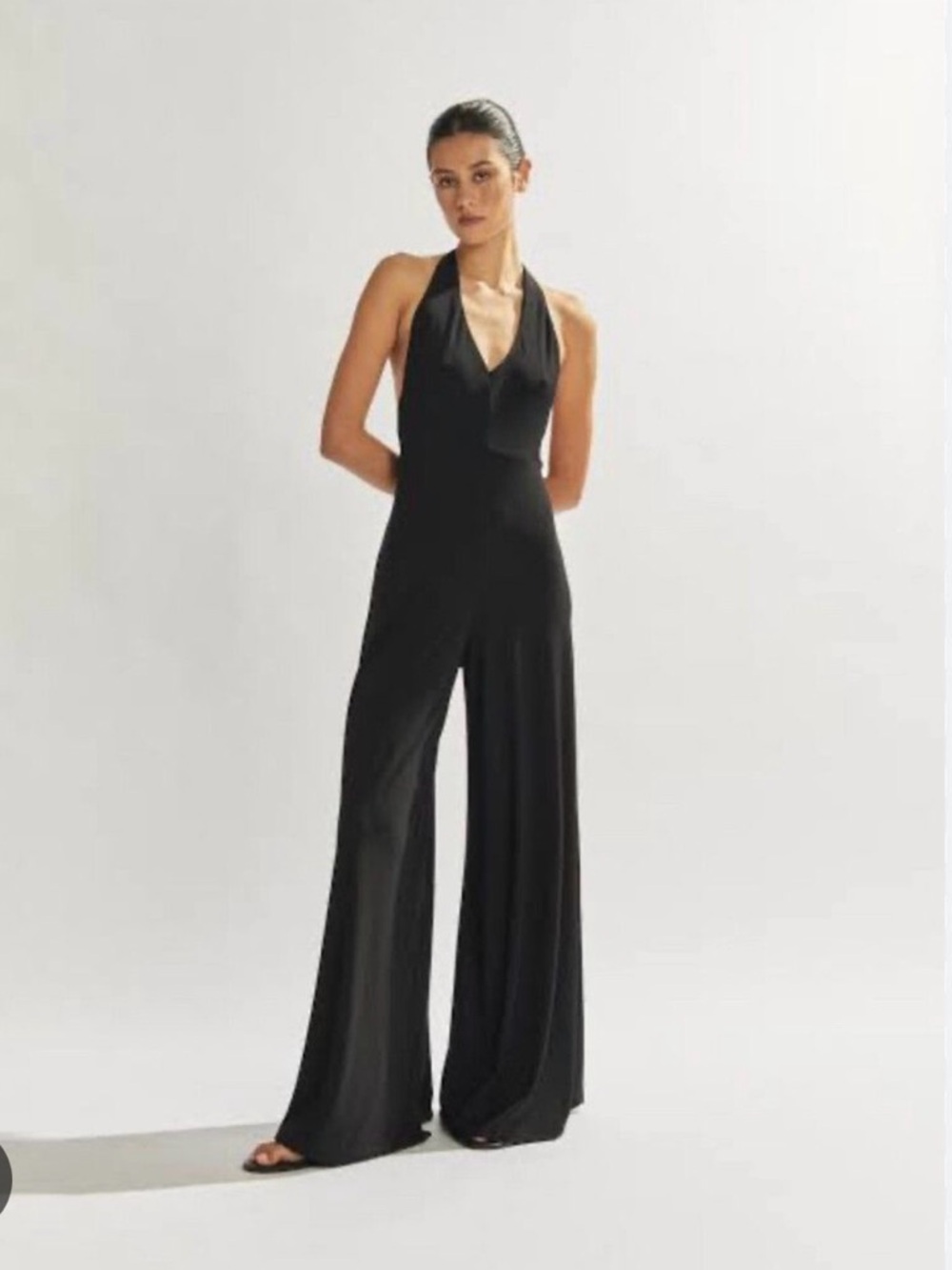 Black Halter Wide-Leg Jumpsuit Open Back